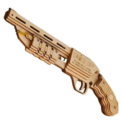3D dřevěný model zkrácené brokovnice se střílením na gumičky. Dřevěná skládačka vhodná pro děti i dospělé. Caliber Gourmet Ruber Band Shot Gun Puzzle Wood.